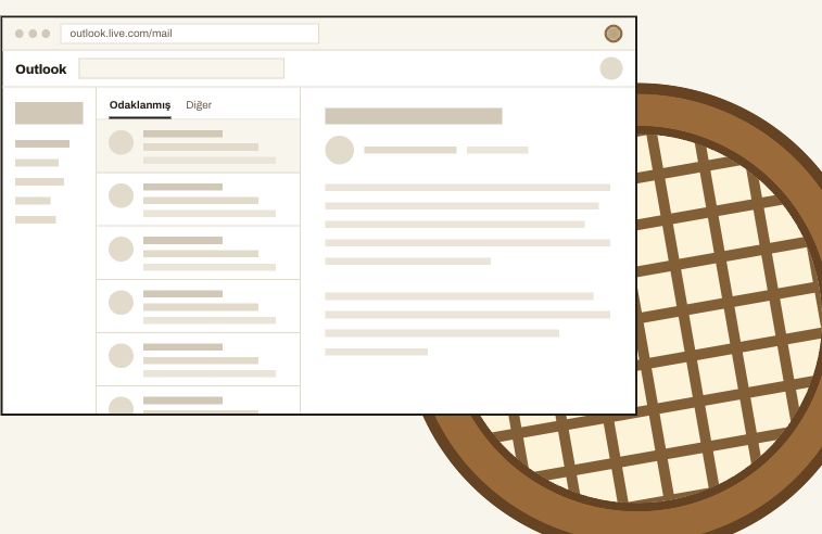 Kalbur açıkken temsili Outlook.com okuma alanı: sponsorlu satır ve sağ reklam sütunu gizli.